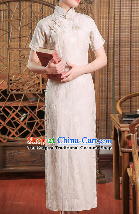 Chinese Catwalks Clothing Classical Stage Show Cheongsam Traditional Beige Qipao Dress