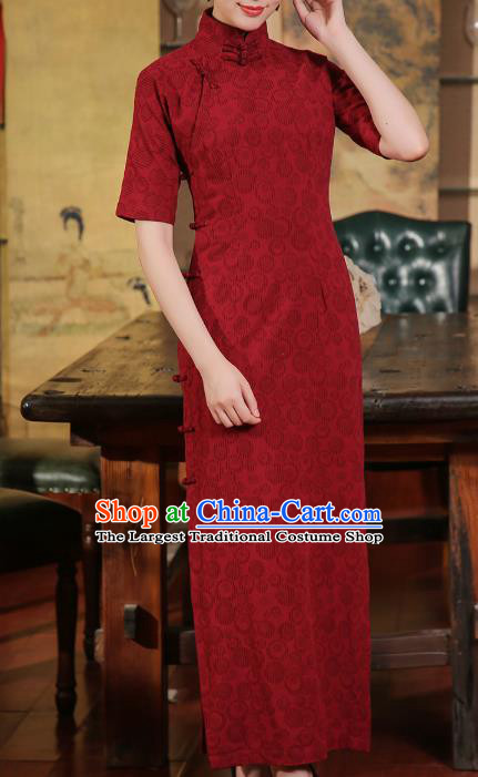 Chinese Classical Jacquard Cheongsam Catwalks Clothing Traditional Wine Red Flax Qipao Dress