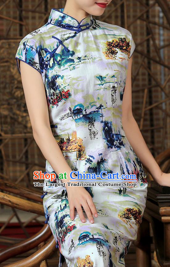 Chinese Traditional Printing Landscape Cheongsam Clothing Classical White Flax Qipao Dress