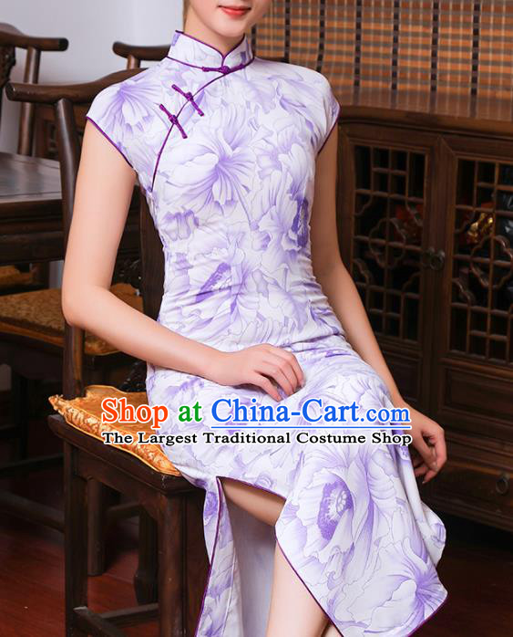 Chinese Traditional Stage Show Qipao Dress Classical Printing Purple Peony Chiffon Cheongsam Catwalks Clothing