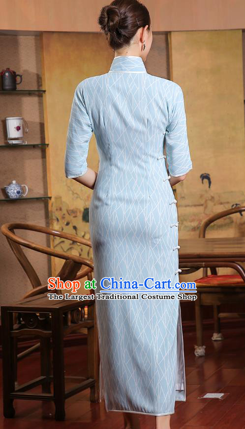 Chinese Traditional Light Blue Qipao Dress Classical Cheongsam Old Shanghai Woman Clothing