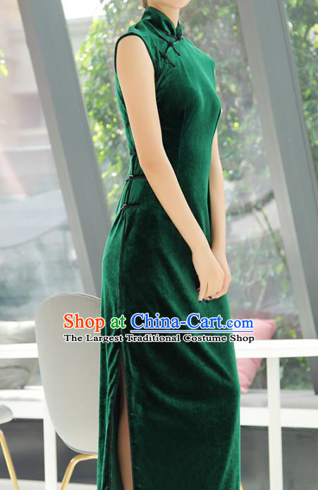 Chinese Classical Green Pleuche Cheongsam Traditional Stage Performance Qipao Dress