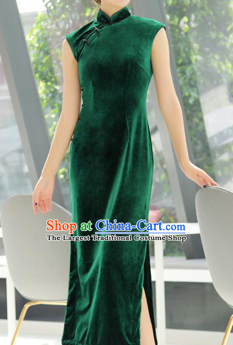 Chinese Classical Green Pleuche Cheongsam Traditional Stage Performance Qipao Dress