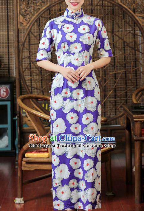 Chinese Classical Purple Flax Qipao Dress Traditional Printing Flowers Cheongsam Clothing