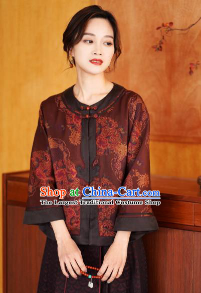 China Traditional Tang Suit Drak Red Silk Jacket National Gambiered Guangdong Gauze Outer Garment