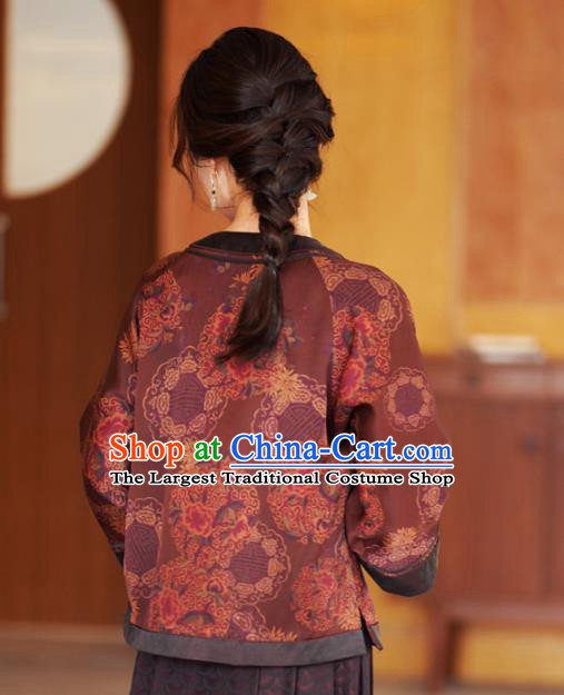 China Traditional Tang Suit Drak Red Silk Jacket National Gambiered Guangdong Gauze Outer Garment