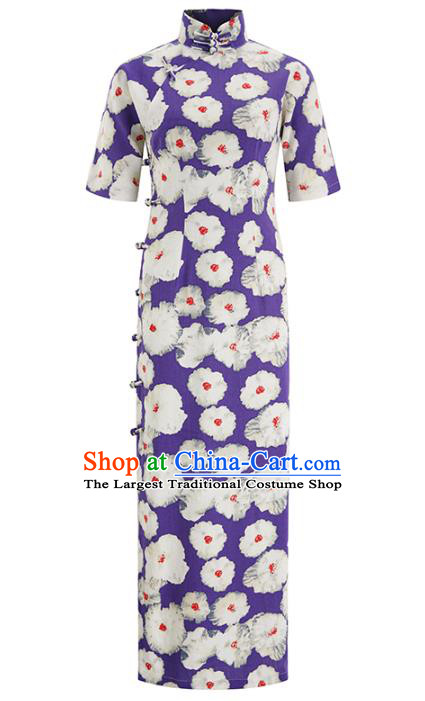 Chinese Classical Purple Flax Qipao Dress Traditional Printing Flowers Cheongsam Clothing