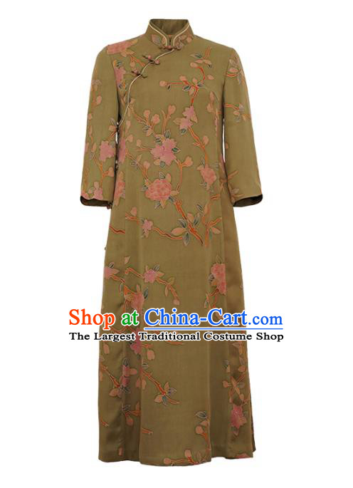 Republic of China Classical Green Silk Qipao Dress Traditional Hand Painting Flowers Cheongsam Clothing