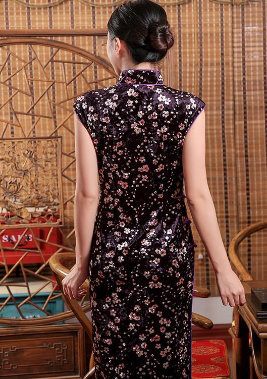 Chinese Traditional Shanghai Beauty Cheongsam Clothing Classical Purple Pleuche Qipao Dress