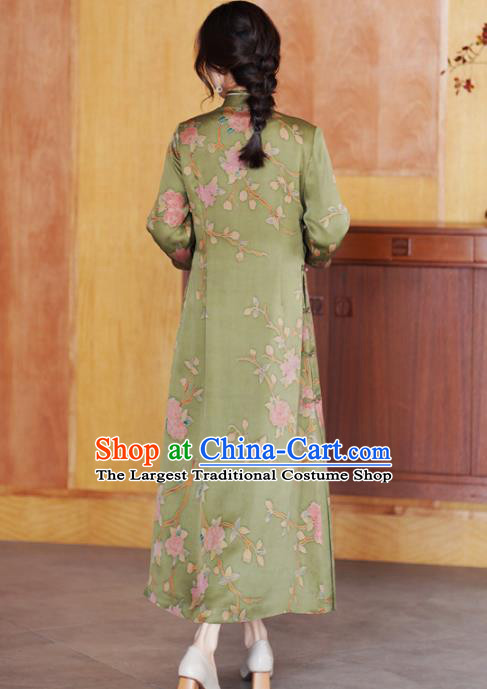Republic of China Classical Green Silk Qipao Dress Traditional Hand Painting Flowers Cheongsam Clothing