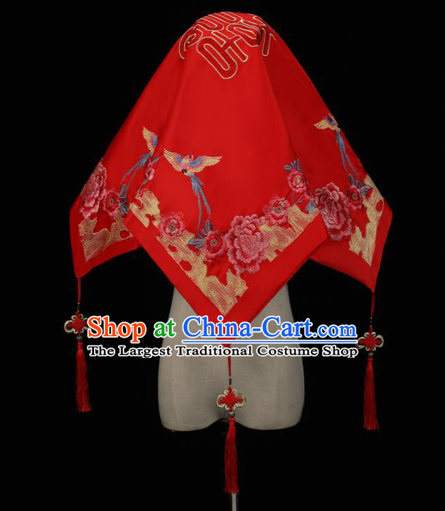 China Bride Red Veil Traditional Wedding Headwear Xiuhe Suit Embroidered Peony Headdress