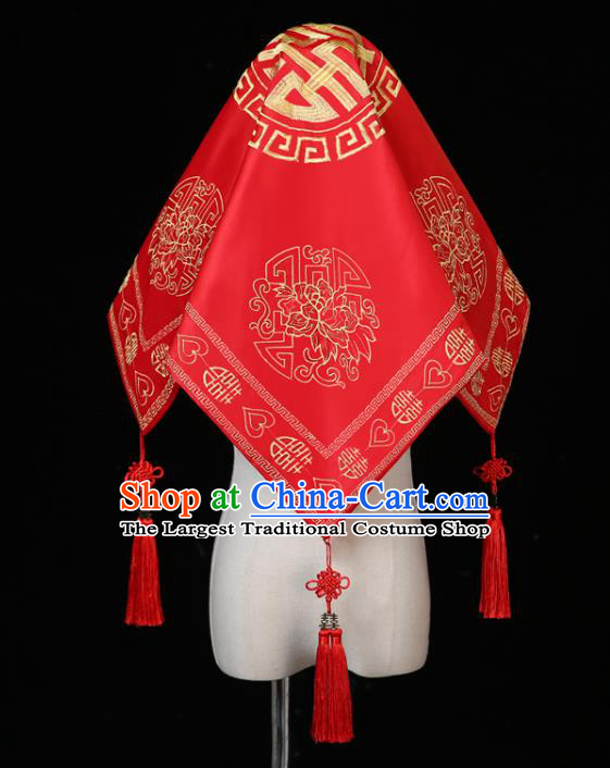 China Traditional Wedding Headwear Ancient Bride Red Veil Xiuhe Suit Red Satin Kerchief Headdress