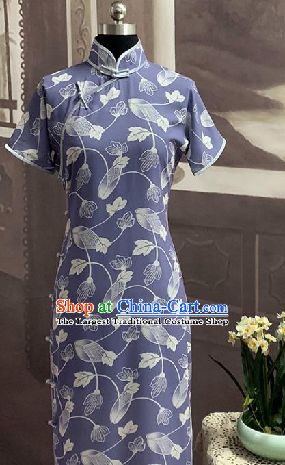Chinese Classical Printing Purple Chiffon Cheongsam Traditional Stage Show Qipao Dress