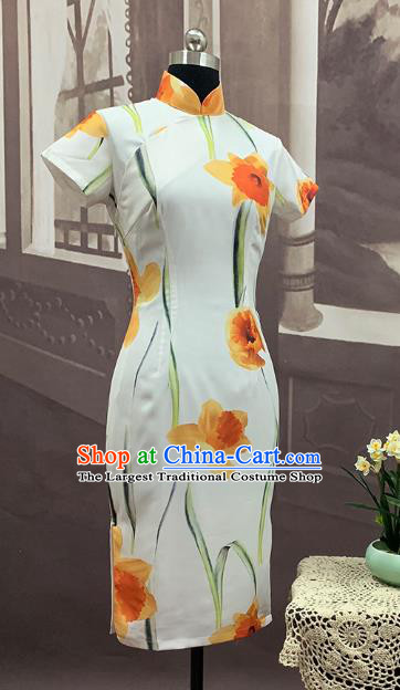 Chinese Classical Printing Flowers Cheongsam Traditional Dance Performance Qipao Dress Costume
