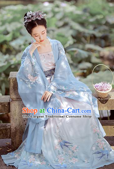 China Ancient Fairy Embroidered Blue Hanfu Dress Traditional Tang Dynasty Court Princess Historical Costumes Complete Set