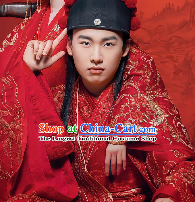 China Traditional Ming Dynasty Scholar Wedding Historical Costumes Ancient Bridegroom Embroidered Red Hanfu Clothing and Hat