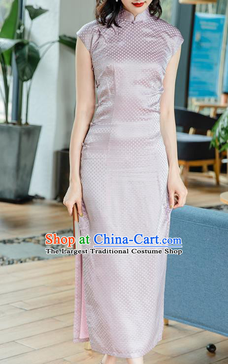 Republic of China Jacquard Brocade Cheongsam Costume Traditional Minguo Lilac Silk Qipao Dress