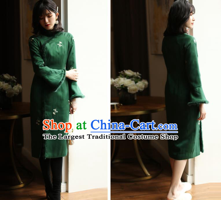 China Winter Cotton Wadded Cheongsam Costume Traditional Shanghai Green Silk Qipao Dress