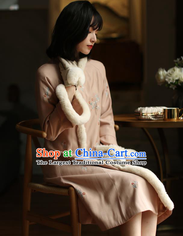 China Winter Embroidered Cotton Wadded Cheongsam Costume Traditional Shanghai Pink Qipao Dress