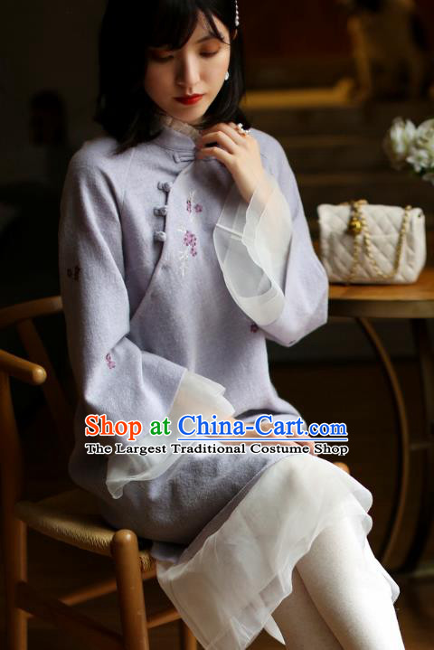 China Winter Embroidered Cheongsam Costume Traditional Young Woman Chiffon Qipao Dress