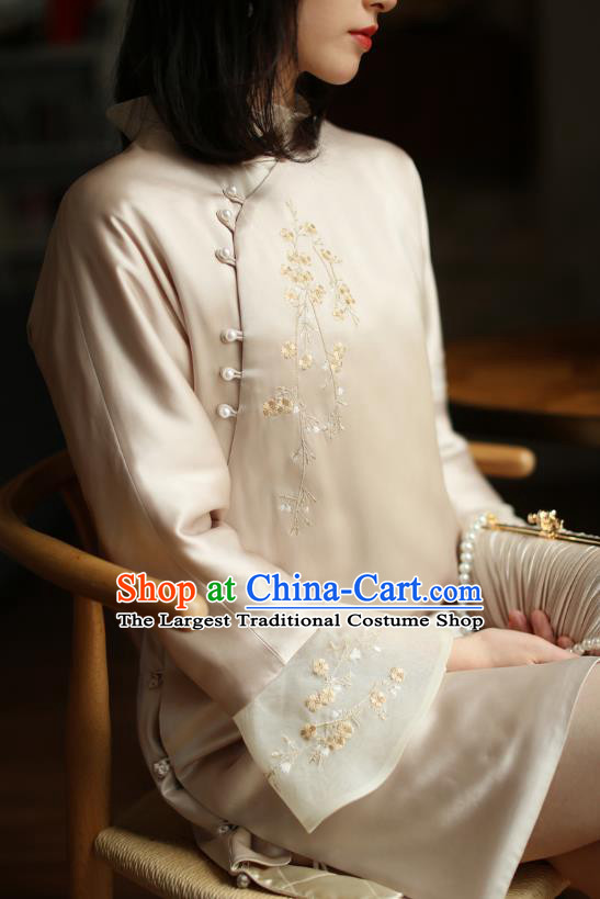 China Winter Cheongsam Costume Traditional Young Woman Embroidered Beige Organdy Qipao Dress