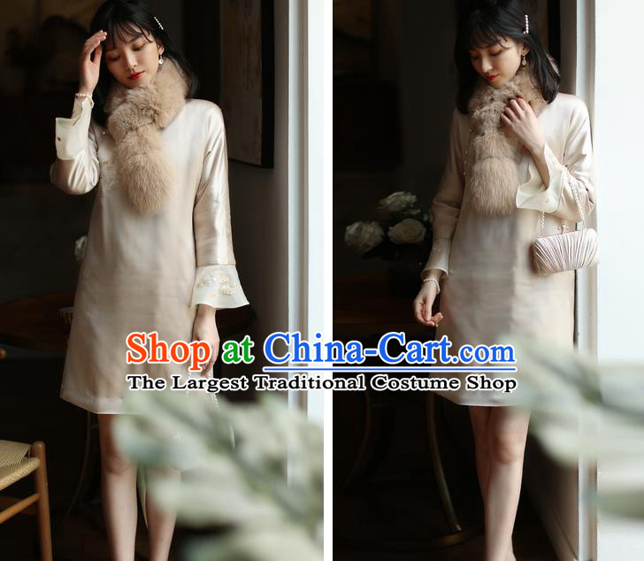 China Winter Cheongsam Costume Traditional Young Woman Embroidered Beige Organdy Qipao Dress