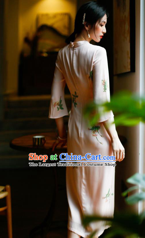 China Modern Dance Cheongsam Costume Traditional Young Woman Printing Pink Silk Qipao Dress