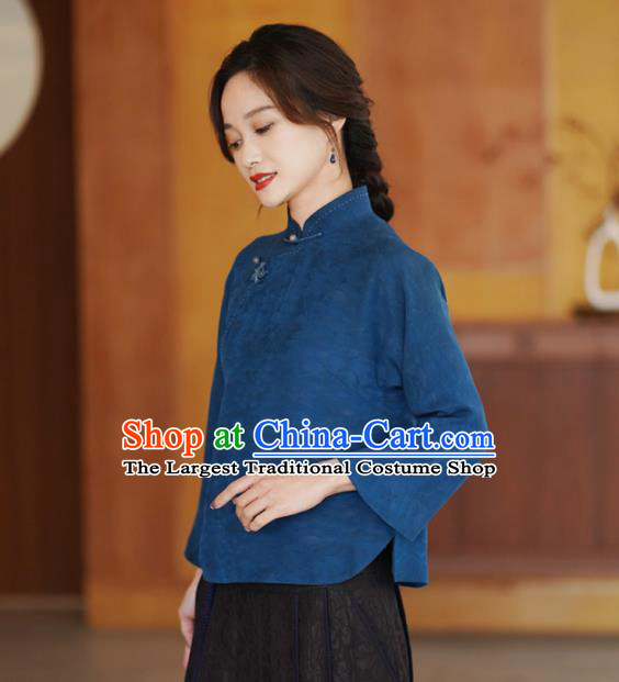 China National Blue Silk Shirt Traditional Jacquard Watered Gauze Blouse Top Garment