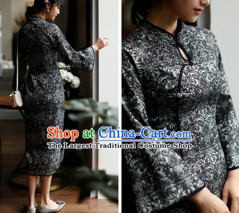 China Modern Dance Cheongsam Costume Traditional Young Lady Slim Black Qipao Dress