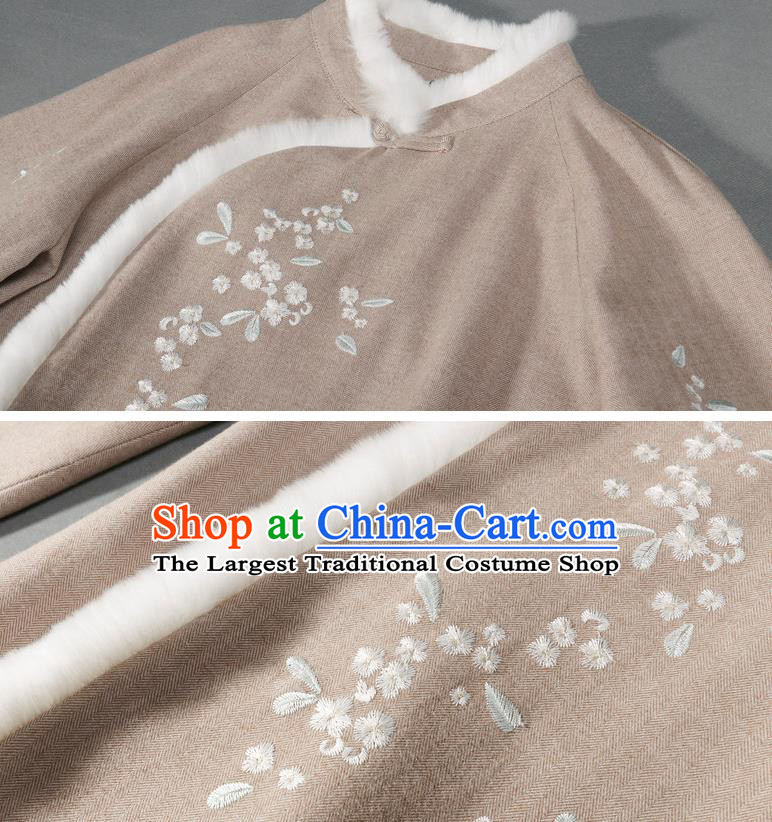 China Winter Cheongsam Costume Traditional Young Lady Light Grey Woolen Qipao Dress
