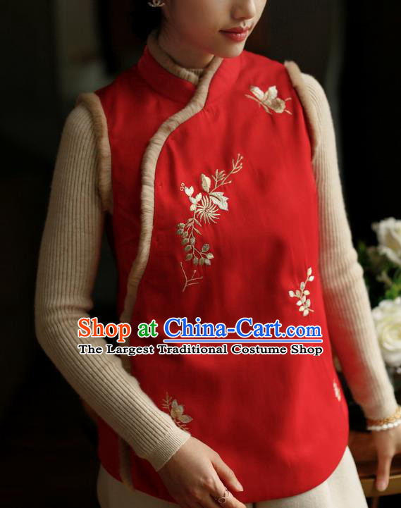 Chinese Traditional Winter Cotton Wadded Waistcoat National Embroidered Red Vest