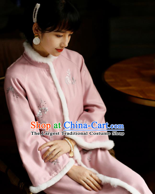 China Winter Pink Cheongsam Costume Traditional Young Lady Embroidered Cotton Wadded Qipao Dress