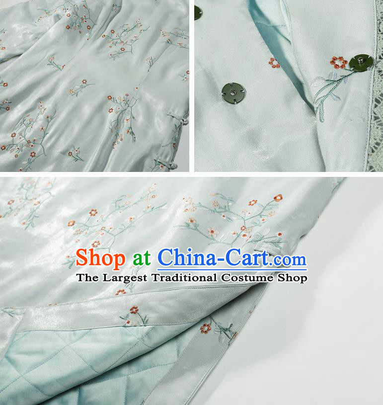 China Winter Cotton Wadded Cheongsam Costume Traditional Young Lady Embroidered Green Qipao Dress