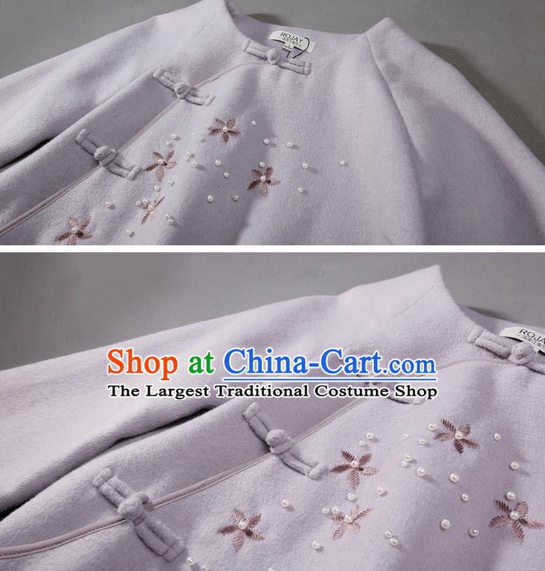 China Winter Purple Woolen Cheongsam Costume Traditional Young Lady Embroidered Qipao Dress