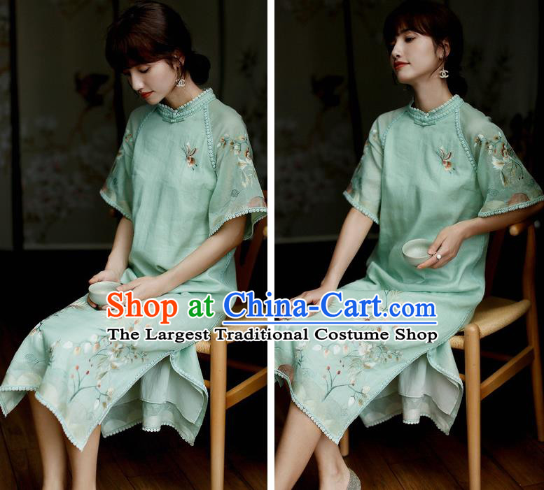 China Classical Embroidered Green Cheongsam Costume Traditional Young Lady Qipao Dress