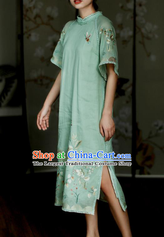 China Classical Embroidered Green Cheongsam Costume Traditional Young Lady Qipao Dress