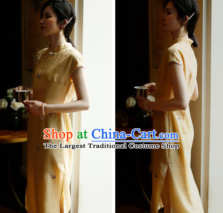 China Classical Young Lady Cheongsam Costume Traditional Embroidered Yellow Organdy Qipao Dress