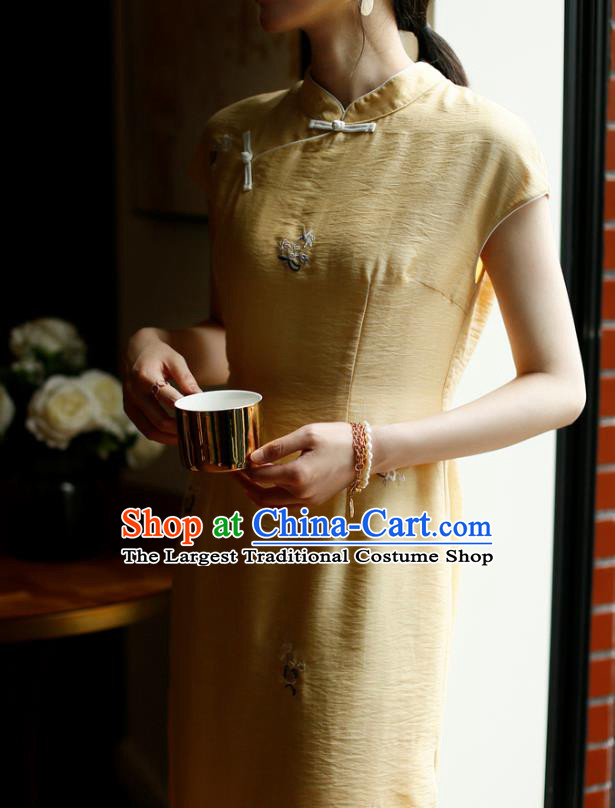 China Classical Young Lady Cheongsam Costume Traditional Embroidered Yellow Organdy Qipao Dress