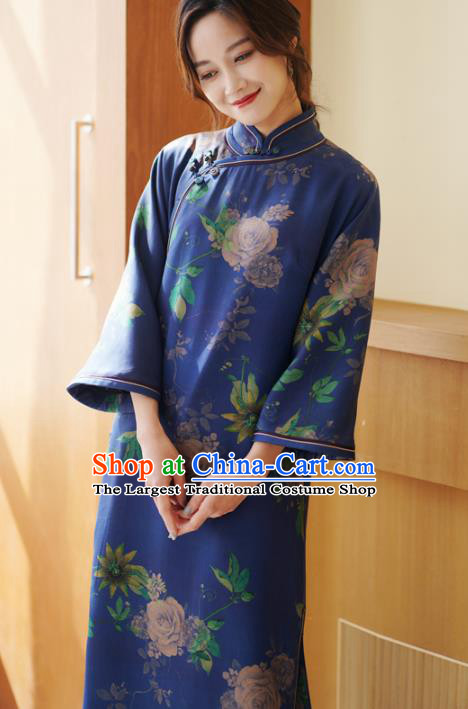 Top Grade Blue Silk Cheongsam Clothing Republic of China Classical Peony Pattern Design Qipao Dress