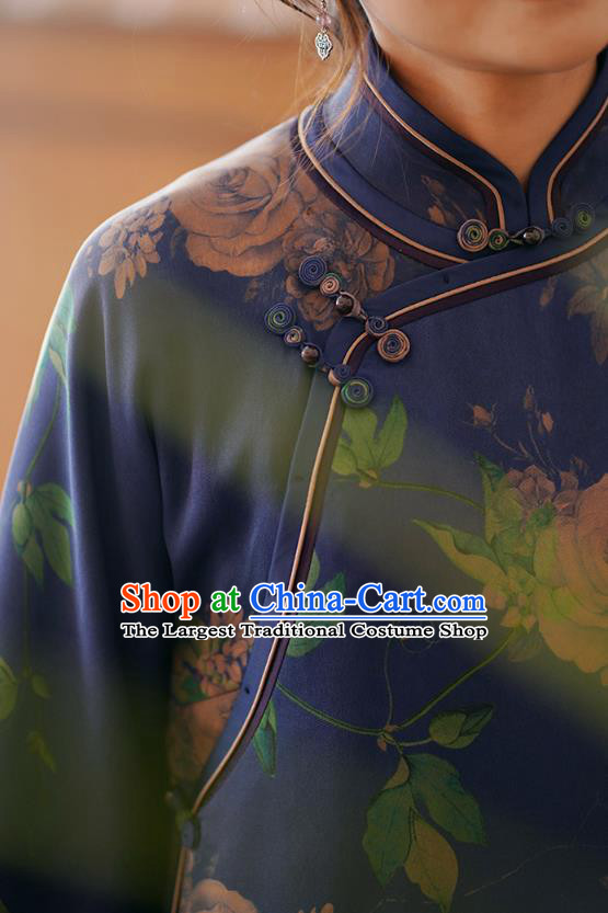 Top Grade Blue Silk Cheongsam Clothing Republic of China Classical Peony Pattern Design Qipao Dress