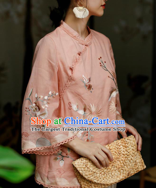 Chinese Traditional Tang Suit Embroidered Pink Flax Shirt Classical Cheongsam Upper Outer Garment
