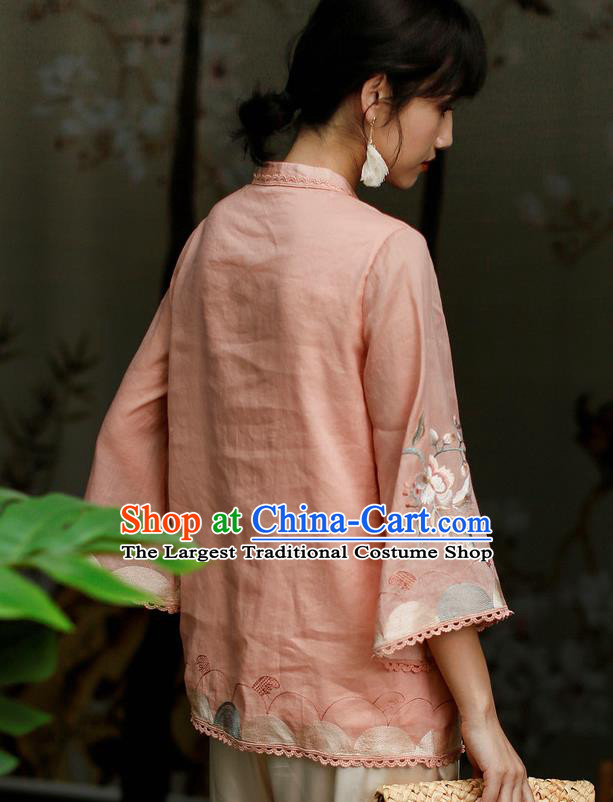 Chinese Traditional Tang Suit Embroidered Pink Flax Shirt Classical Cheongsam Upper Outer Garment