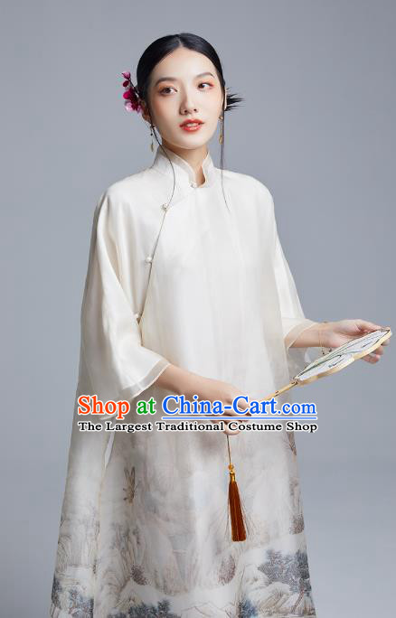 China Classical Ink Painting Landscape Cheongsam Costume Traditional Young Lady White Organdy Loose Qipao Dress