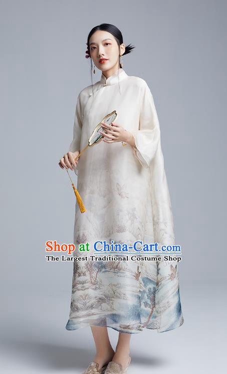 China Classical Ink Painting Landscape Cheongsam Costume Traditional Young Lady White Organdy Loose Qipao Dress