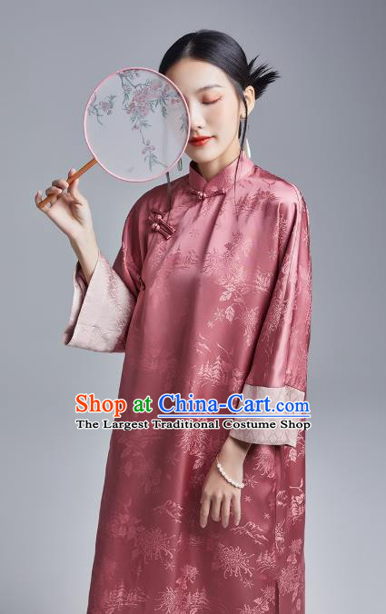 China Classical Deep Pink Silk Cheongsam Costume Traditional Young Lady Loose Brocade Qipao Dress
