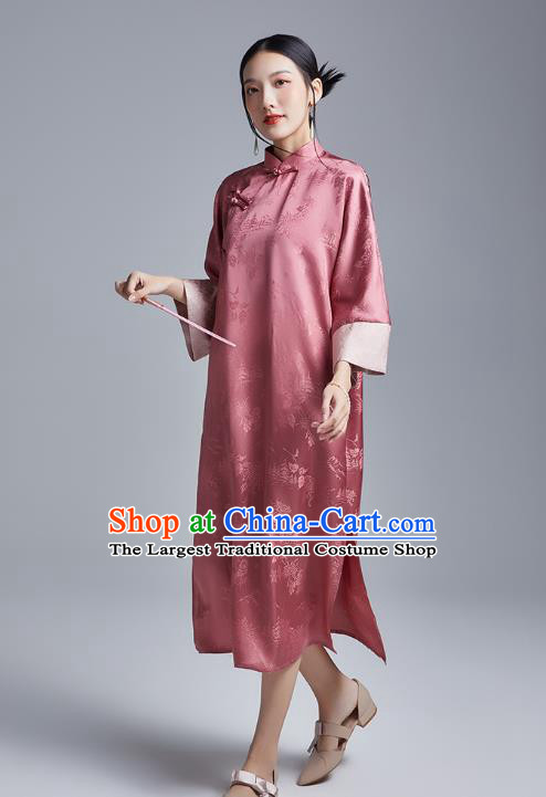 China Classical Deep Pink Silk Cheongsam Costume Traditional Young Lady Loose Brocade Qipao Dress