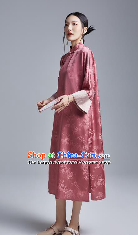 China Classical Deep Pink Silk Cheongsam Costume Traditional Young Lady Loose Brocade Qipao Dress