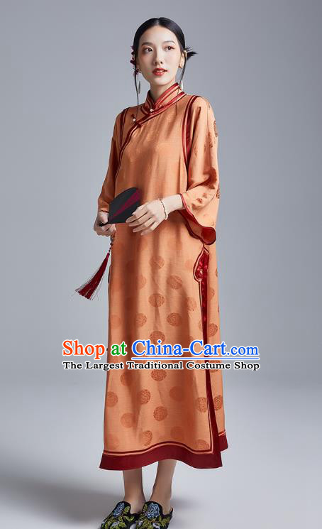 China Classical Wide Sleeve Cheongsam Costume Traditional Young Lady Orange Silk Loose Qipao Dress