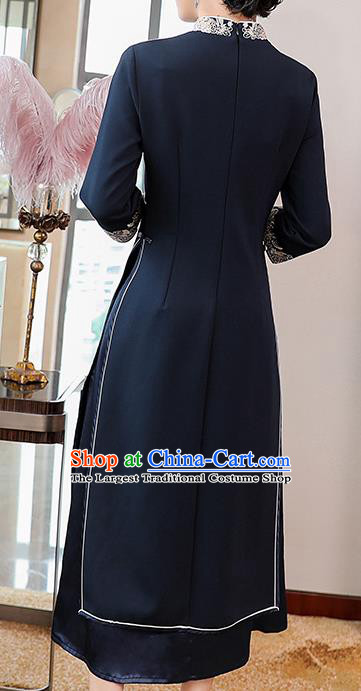 Chinese Traditional Tang Suit Cheongsam Costume National Embroidered Navy Blue Qipao Dress