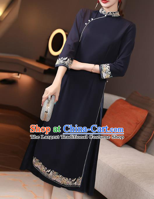 Chinese Traditional Tang Suit Cheongsam Costume National Embroidered Navy Blue Qipao Dress